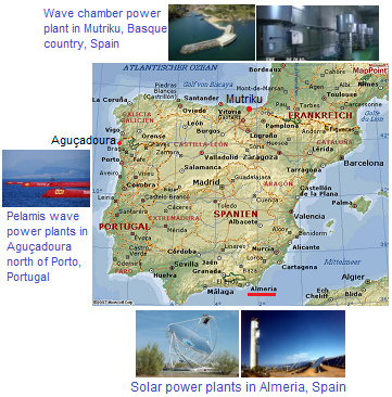 スペイン南部のアルメリア太陽光発電所とスペインとポルトガルの地図