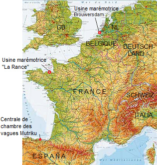 Carte de la France et les pays
                              Benelux avec les positions des usines
                              marmotrices "Brouwersdam" dans
                              la Hollande et "La Rance" chez
                              Saint-Malo dans la Bretagne en France