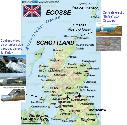 Carte de l'cosse avec l’le
                              d'Islay avec la centrale de chambre des
                              vagues, et avec les les d'Orkney
                              (Orcades) avec la centrale des vagues
                              "Hutre"