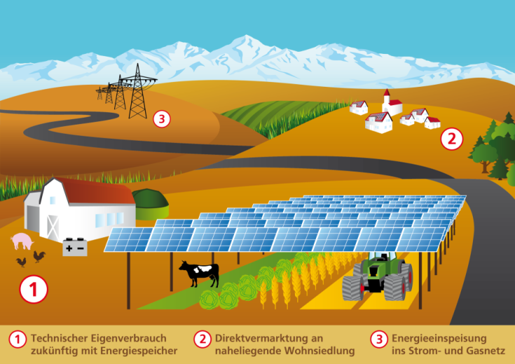 Grafik der Stromnutzung 1) auf dem Hof
                            2) im Dorf 3) Einspeisung ins Netz