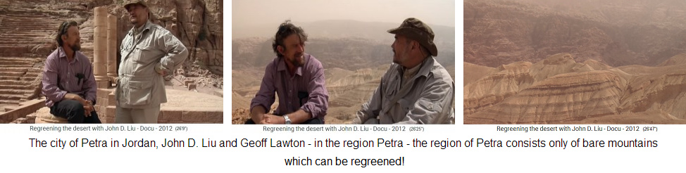 Permaculture pioneers John D. Liu and Geoff
                    Lawton in Jordan in stony and rocky Petra region