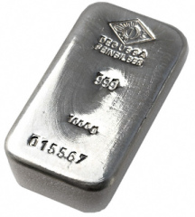Silber (hier in Form eines
                          Silberbarrens mit der Prgung
                          "Feinsilber") ist ein Metall im
                          "Silberamalgam"