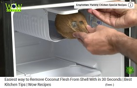 The coconut is placed in an icebox of a refrigerator for 12 hours