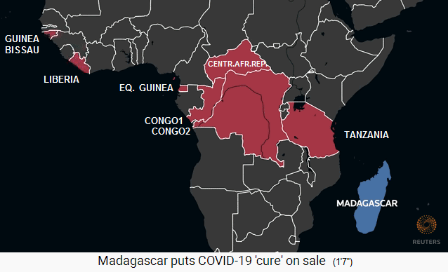 Madagaskar
                            8.5.2020: Karte von Afrika mit den Kunden
                            für das Corona19-Heilmittel mit Artemisia
                            annua