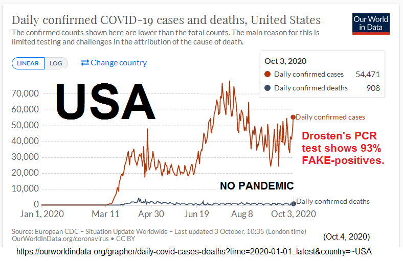 "USA": Offizielle Corona19-Tote
                    (unten) und offizielle
                    Corona19-"positiv"-Getestete (mit 93%
                    FALSCH-Positiven) - Kurvengrafik vom 4.10.2020