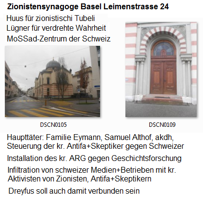 Zionistensynagoge Leimenstrasse 24 in Basel:
                      Hus für zionistischi Tubeli mit Täterangabe
                      Eymann, Althof, Dreyfus etc.