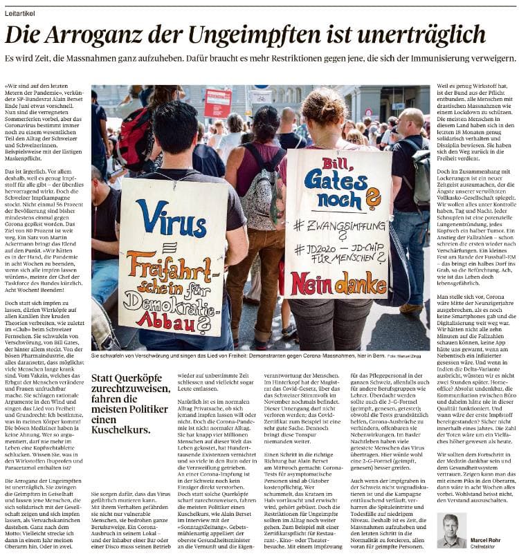 Die Pharma-Zeitung Basler Zeitung am
                            14.8.2021: Chefredaktor Rohr ERFINDET eine
                            "Arroganz der UNgeimpften"