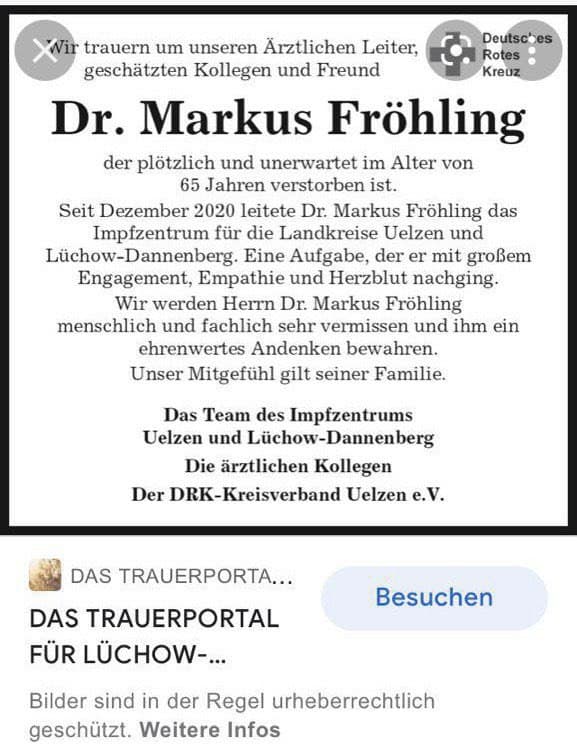 Verdacht GENimpfmord
                      im GENimpfzentrum Ülzen+Lüchow (4R) 31.10.2021:
                      Der Leiter Dr. Fröhling ist weg mit 65