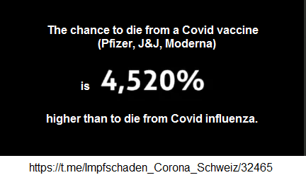 Die Chance, an einer
                  GENimpfung wie Pfizer, J&J oder Moderna zu sterben
                  ist 4520mal höher, als an Corona-Grippe zu sterben