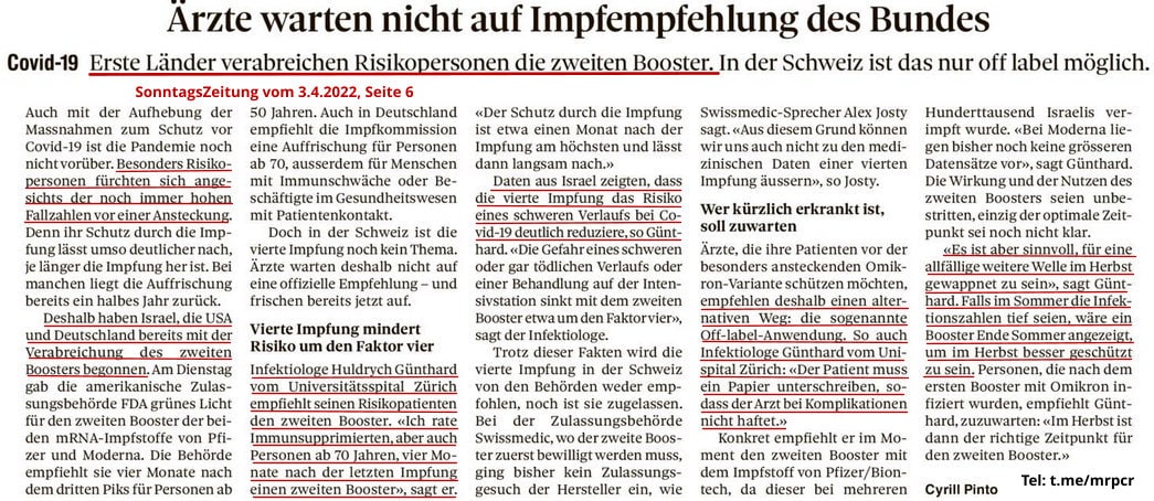 Täter Mossad-Presse
                    in der Schweiz: Die Sonntagszeitung 3.4.2022: macht
                    GENimpfwerbung für 4. tödliche GENimpfung: Ärzte
                    warten nicht auf Impfempfehlung des Bundes