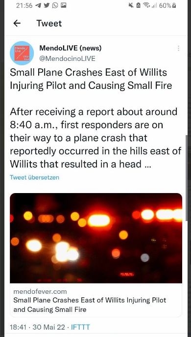 Flugzeugabsturz "USA" 06 in der
                    Region Willits, Pilot verletzt, 30.5.2022