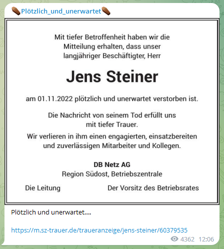 23.11.2022 Bayern (Südosten von 4R):
                    DB-Angestellter Jens Steiner mit ca. 50 weg: