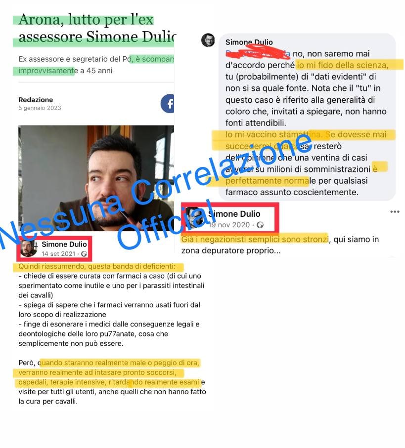 Verdacht "Corona"-Impfmord in Arona
                    (Italien) 13.1.2023: Politiker der
                    "Demokratischen Partei" und Dozent Simone
                    Dulio hetzte für die "Coronaimpfung" - er
                    ist nun mit 45 tot: Arona: Simone Dulio (45),
                    Politiker der Pro-Impfpflicht-Partei PD, plötzlich
                    und unerwartet verstorben. 5.1.23. (orig. italiano:
                    Arona, lutto per l'ex assessore Simone Dulio)