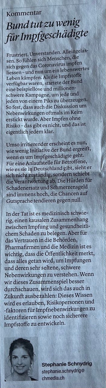 Widerstand Schweiz 19.1.2023:
                    "Bund tut zu wenig für Impfgeschädigte" -
                    Aargauer Zeitung Seite 1
