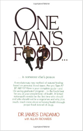 Das Buch von Vater James D'Adamo und
                          Allan Richards "One Man's Food"
                          ("Jedem Menschen sein Essen") von
                          1980, Buchdeckel