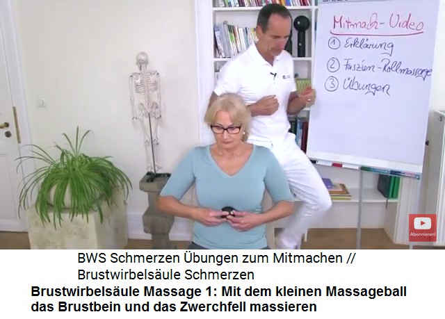 Brustwirbelsule Video 1
                      Massage 1: Mit dem kleinen Massageball wird das
                      untere Ende des Brustbeins massiert