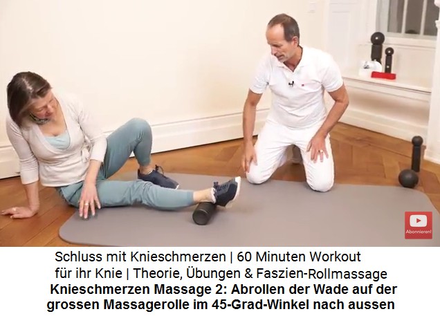 Knieschmerzen Massage
                        2: Das Bein wird vom Knie bis zur Hfte auf der
                        grossen Massagerolle in einem Winkel von 45 Grad
                        nach aussen abgerollt