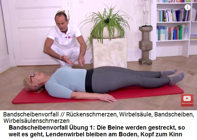 Bandscheibenvorfall bung 1b: Auf dem
                              Rcken sind die Lendenwirbel auf den Boden
                              gedrckt, das Kinn zum Kehlkopf
                              hingezogen, und nun werden die Beine
                              langsam abgesenkt, so weit es geht