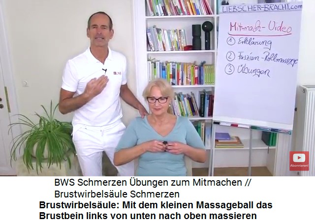 Brustwirbelsule Video 1
                      Massage 1: Mit dem kleinen Massageball wird die
                      linke Seite des Brustbeins hochgerollt und die
                      Schmerzpunkte kreisend massiert