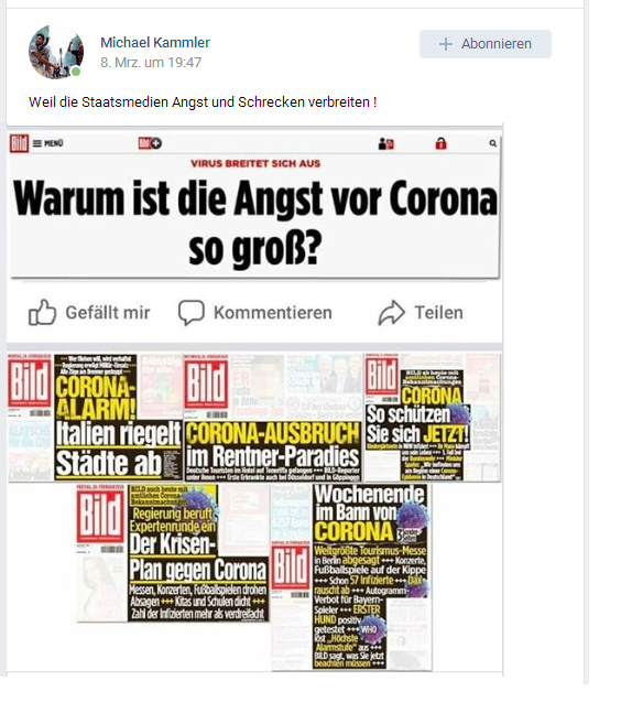 Mossad-BILD verbreitet
                Coronavirus-Panik in Merkel-Deutschland, 8. Mrz 2020,
                gepostet von Michael Kammler am 8.3.2020 auf VK