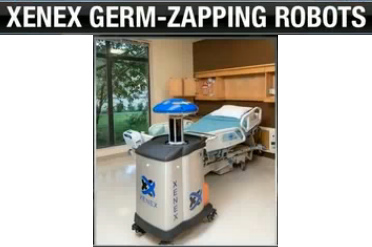 Der
                                      UV-Lichtdesinfektionsroboter von
                                      Xenex an einem Spitalbett,
                                      Nahaufnahme