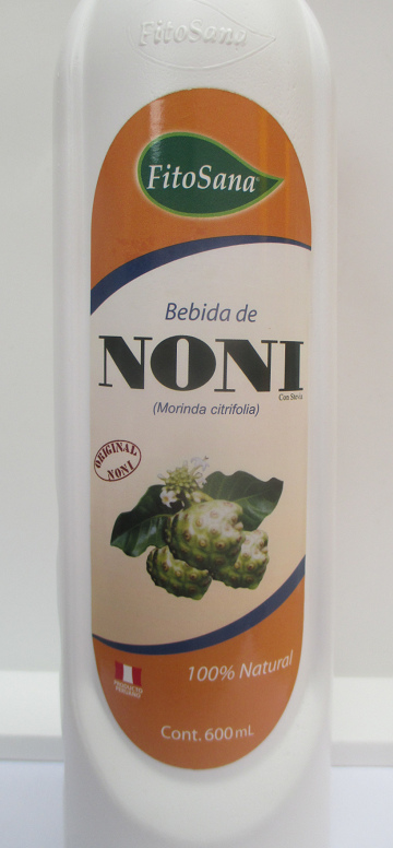 La
                              etiqueta del jugo de noni en una botella,
                              comprada en una farmacia de medicina
                              natural en el Per en Lima