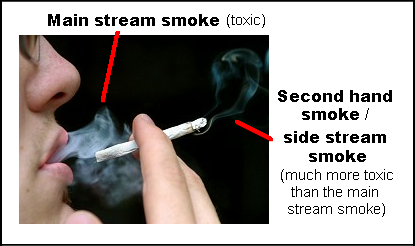 Main stream smoke (toxic) - second hand smoke / side
              streamsmoke (much more toxic than the main stream smoke)