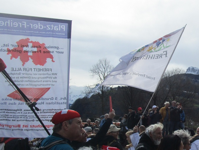 Fahne der Freiheitstrychler und vom
                  Platz der Freiheit