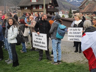 Demo in Brunnen auf der
                  Seewiese 03: Plakate der Freiheitstrommler