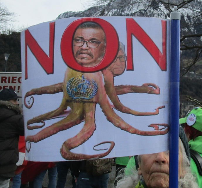 Demo in Brunnen auf der Seewiese: Das
                Plakat mit Tedros als Krake / Tintenfisch mit Bill Gates
                im Hintergrund