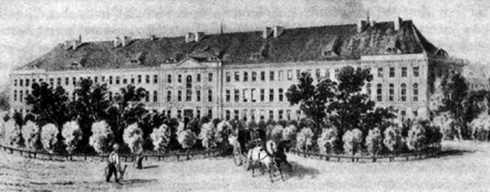 Das Spital
                "Charit" in Berlin (hier ein Bild von 1850
                ca.) war eines der grossen europischen Spitler, zuerst
                als Pesthaus gegrndet, dann der Humboldtuniversitt
                angeschlossen.