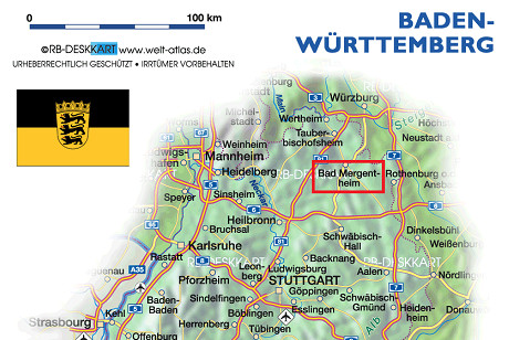 Map of Baden Wuerttemberg with Bad
                              Mergentheim in Germany