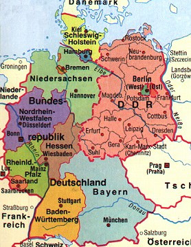 Karte mit der Teilung
                        Deutschlands in BRD und DDR bis 1989