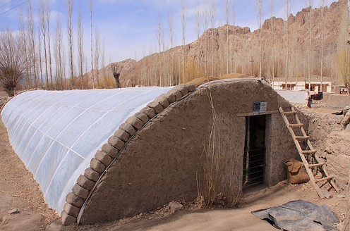 Der Bau des Grubengewchshauses in
                            Ladakh, Nord-Indien: Die Wnde sind mit Lehm
                            verputzt, die Plastikplane ist in form eines
                            Halb-U mit einer Steinreihe befestigt
