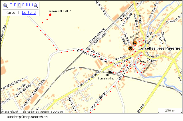 Karte von
                Corcelles-prs-Payerne, Spaziergang vom 12.7.2007 zum
                Kornkreis und zurck mit Fotos von Bumen