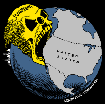 Ein Fukushima-Totenkopf ttet den Pazifik und die
              Ksten von Kanada und "USA", Karikatur