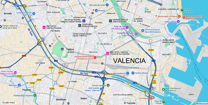 Mappa / pianta della citt
                    di Valencia con il fiume Ro Turia completamente
                    violentato, come una matita senza delta