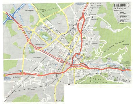 Karte Freiburg: Dreisam mit
                            Autobahn-'Zubringer'