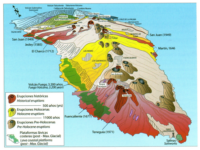 27) Map of the island of La
                  Palma with volcanic eruptions with dates