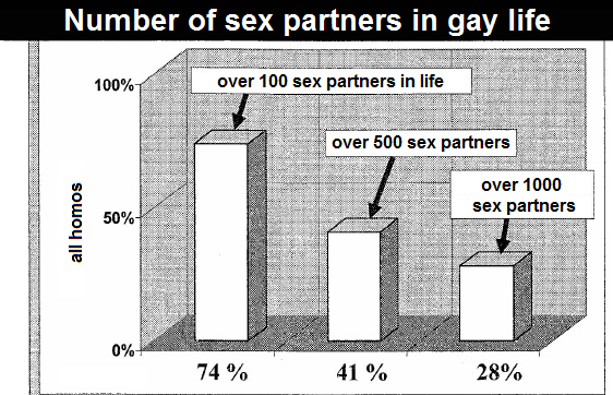 Graphic: Number of sex
                      partners in the life of gays: 74% with over 100,
                      41% with over 500, 28% with over 1000