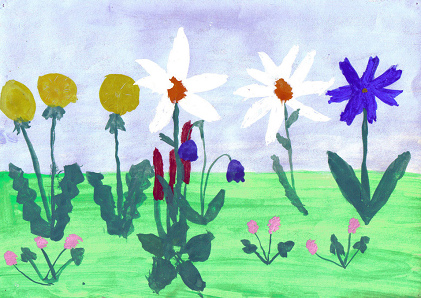 Un dibujo de un nio con
                            flores