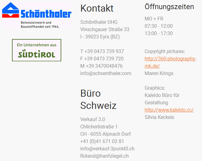 Firma
                                                Schnthaler,
                                                Kontaktdaten in
                                                sterreich und Schweiz
                                                (Schweinz)