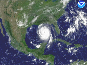 Hurrikan Katrina 2005, Satellitenfoto: Die
              Zerstrung von New Orleans steht bevor, alles geplant mit
              HAARP