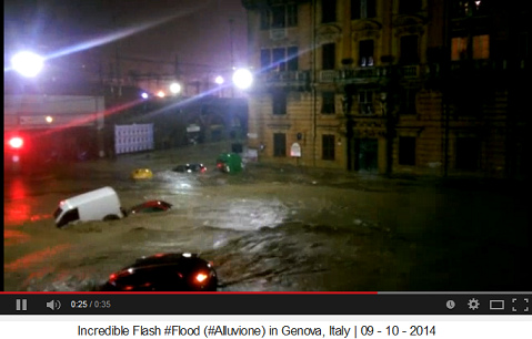 Gnova inundada por juegos de HAARP, 10-10-2014, carros flotando en el agua