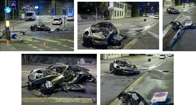 Rasen als Ventil fr Frustrationen: Ein
                    ausgebrannter Porsche liegt nach einem Selbstunfall
                    an der Bederstrasse in Zrich [13.8.2009]