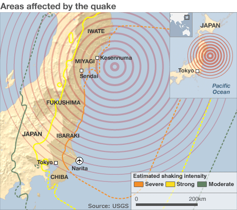 Karte des
                    Erdbebens in Japan vom 11. Mrz 2011 mit den
                    haupschlich betroffenen Regionen Miyagi, Sendai und
                    Fukushima