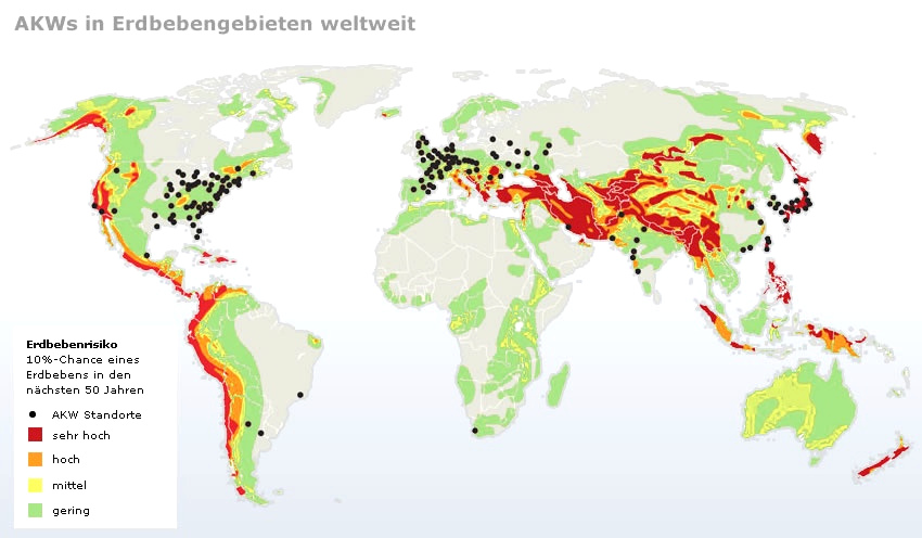 Weltkarte mit Atomkraftwerken
                            in Erdbebengebieten