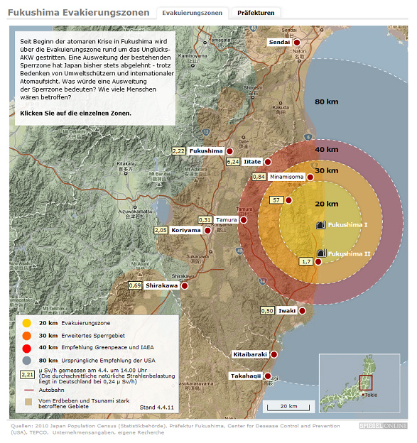 Karte mit den Evakuierungszonen um das AKW
                  Fukushima
