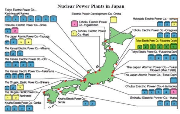 Karte von Japan mit den
                    Atomkraftwerken an den Ksten - Japan ist ein durch
                    Erdbeben hchst gefhrdetes Gebiet und Tsunamis sind
                    nicht selten...