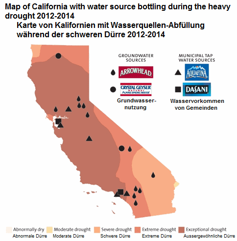 Karte mit der
                              Wasser-Flaschenabfllung in
                              Drre-Kalifornien 2012-2014